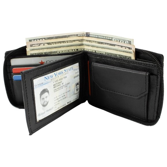 Men Wallet Leather ID Money Organizer Zipper Closure Black Bifold Wallet - Picture 1 of 14